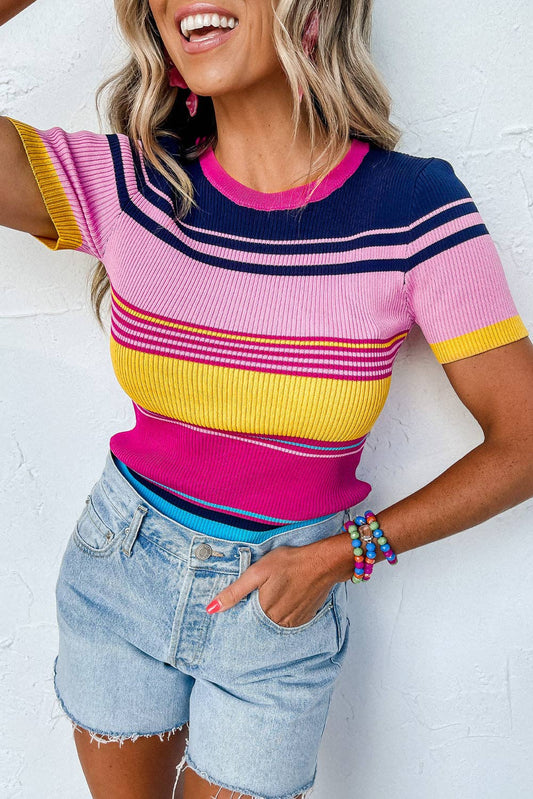 Mixed Stripes Ribbed Knit Top: XL / Pink