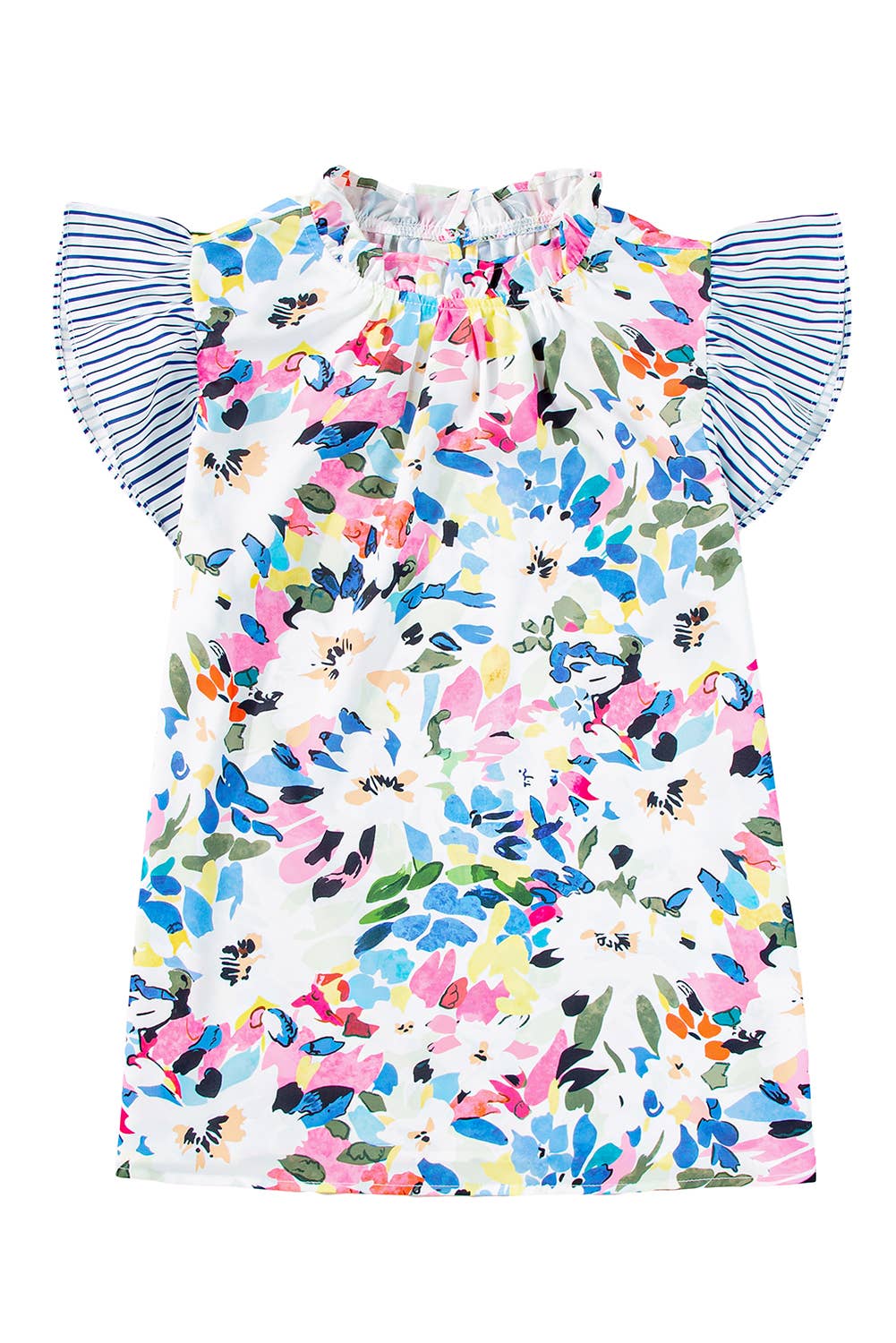 Women Floral Print Striped Ruffled Sleeve Blouse-Medium